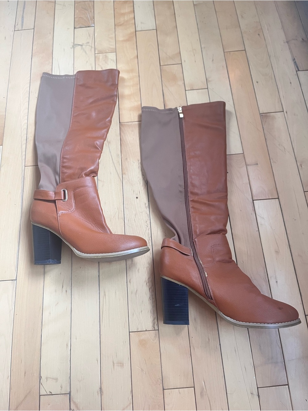 Women’s Two-Tone Tan and Brown Knee-High Block Heel Boots